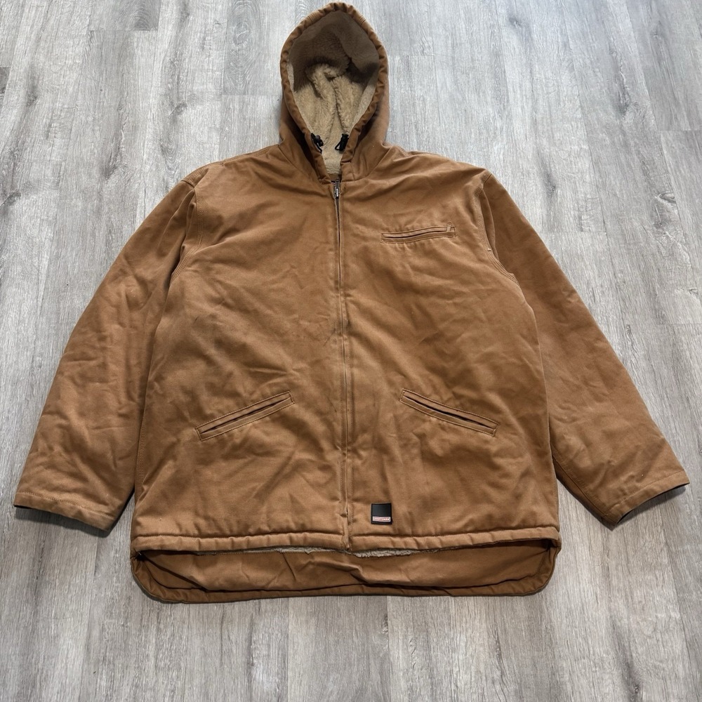 Craftsman Detroit Work Jacket Mens Sz Large Tan Canvas Duck Hooded Sherpa Lined